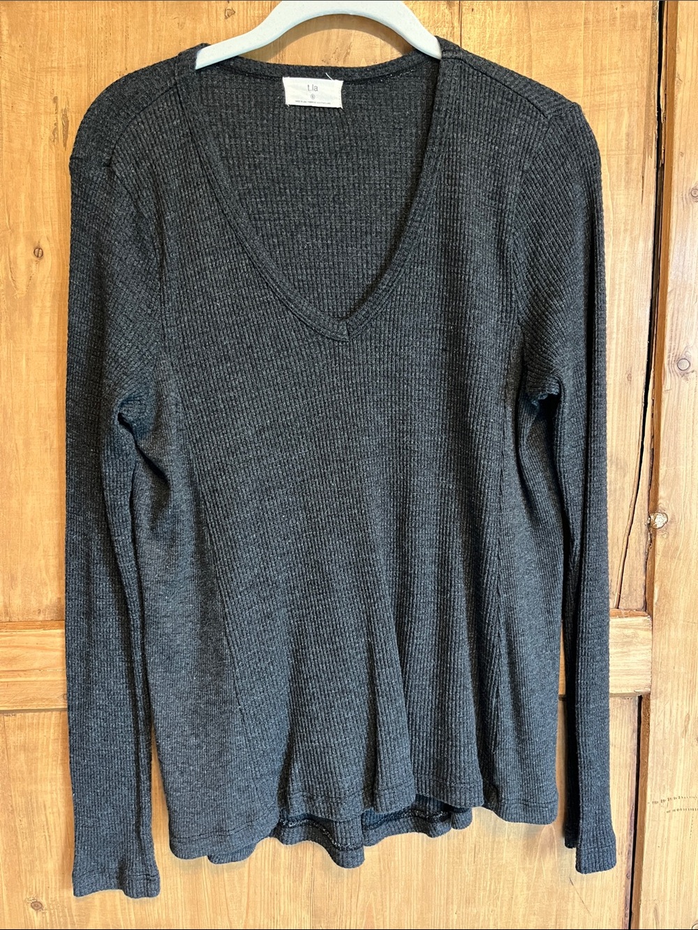Anthropologie T. La Dark Charcoal Ribbed V-Neck Long Sleeve Top